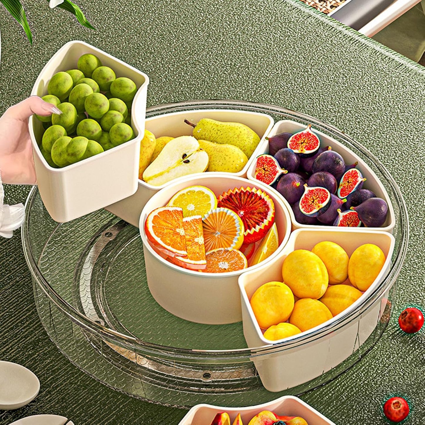 Rotating Snackle Box Container with Lid and Handle, 6 Compartments Round Lazy Susan 360° Divided Serving Tray, Divided Serving Tray for Road Trips Picnics (Large Size)
