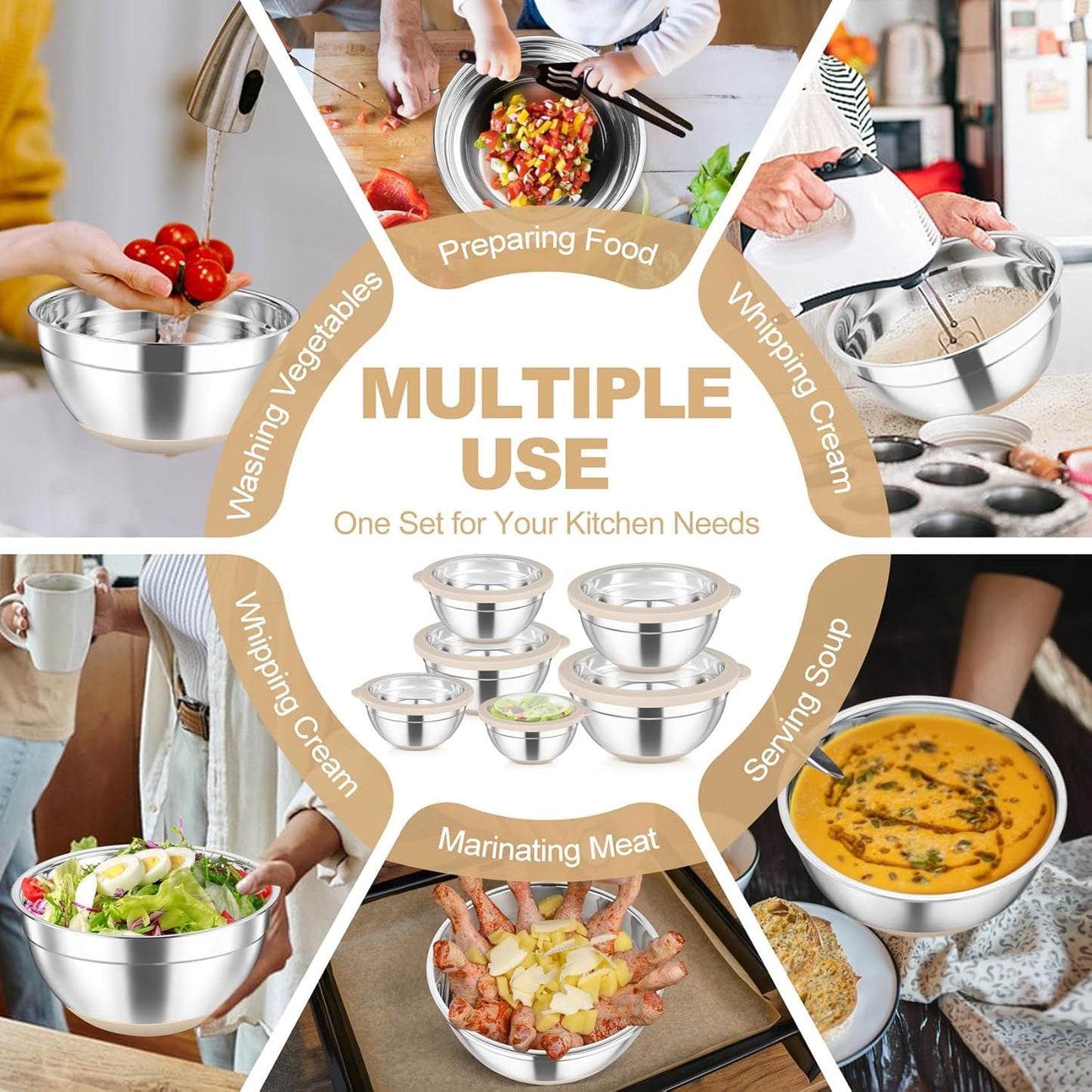 TeamFar Mixing Bowls Set of 6, Stainless Steel Salad Mixing Bowls with Visible Lids, Metal Nesting for Mixing Serving Prepping, Non-Slip & Airtight, 4.6/3.5/2/1.5/1/0.7 QT, Khaki