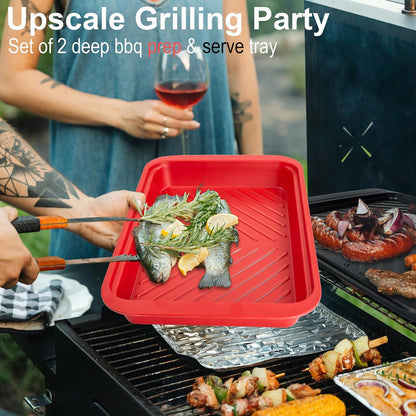 ECOIOU Large Grilling Prep and Serve Trays, 17.3" x 13" BBQ Platters for Raw and Cooked Food, Melamine Serving Trays for Food, Set of 2, Black and Red