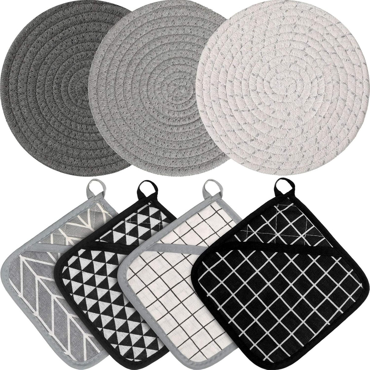 Patelai 7 Pcs Kitchen Pot Holders and Heat Resistant Pocket Mitt with Hanging Loop Washable Square Hot Pot Holder Round Woven Hot Pads for Kitchen Cooking Dinning Baking, Black, White and Gray