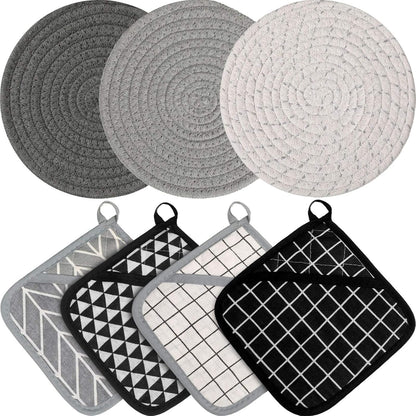 Patelai 7 Pcs Kitchen Pot Holders and Heat Resistant Pocket Mitt with Hanging Loop Washable Square Hot Pot Holder Round Woven Hot Pads for Kitchen Cooking Dinning Baking, Black, White and Gray