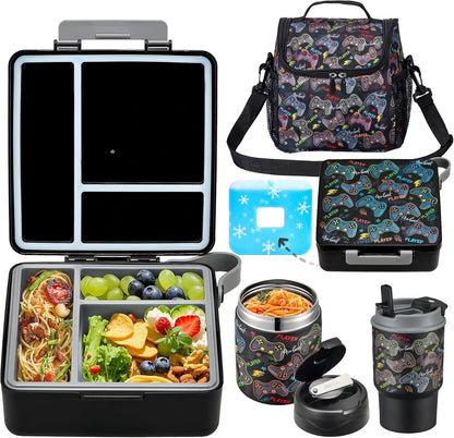 Bento Lunch Box for Kids with 17oz Soup Thermo,Insulated Tumbler Water Bottle and Insulated Lunch Bag,Leak-Proof 3 Compartment Lunch Food Container with Ice Pack for Kids to School-Horse