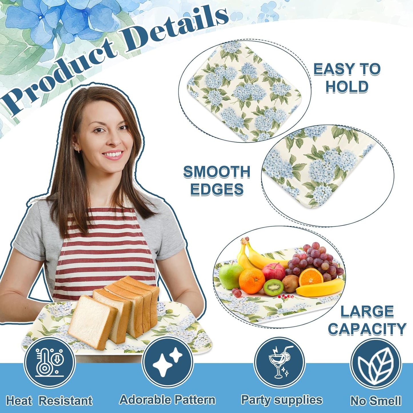 Whaline 3Pcs Hydrangea Flower Serving Trays Melamine Platter Spring Summer Floral Serving Dishes for Party Sharing Snack Fruit Dessert Supplies, 13 x 10 inch