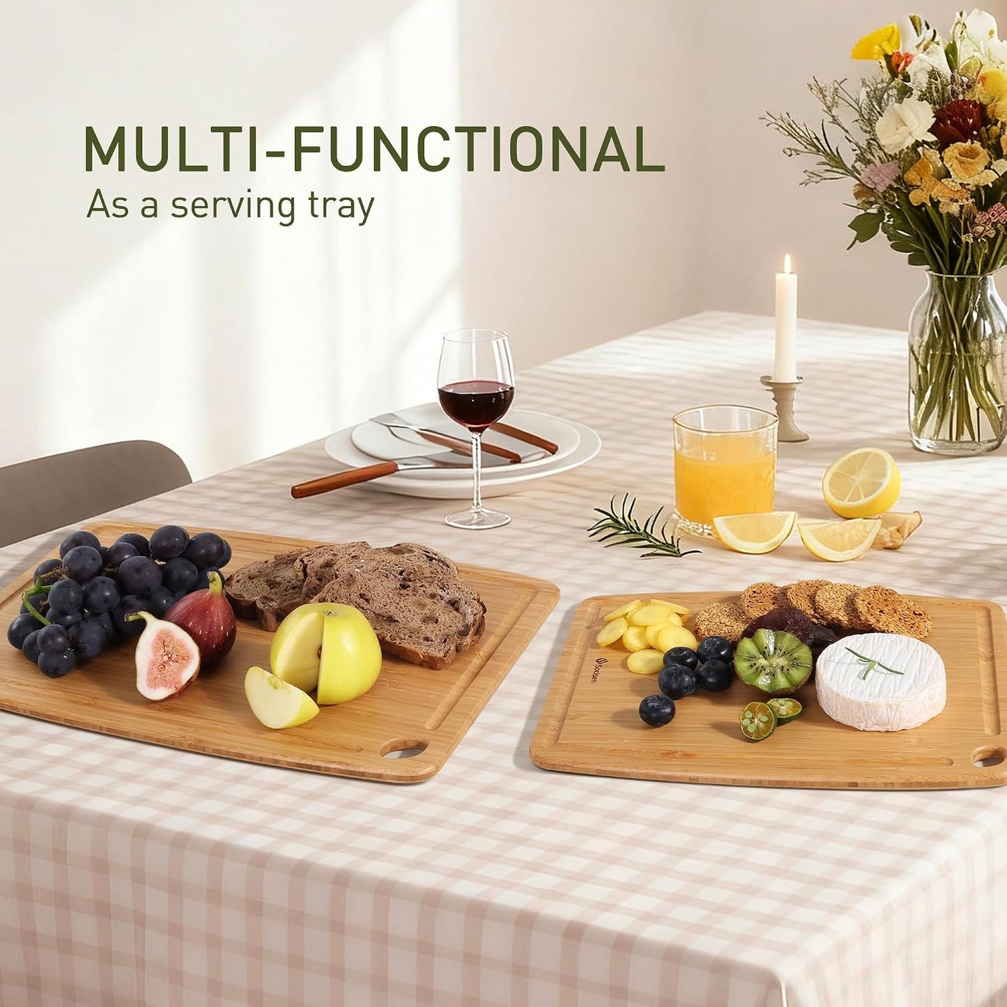 Lightweight Durable Bamboo Cutting Board Set with Non-Slip Feet, Wood Cutting Board for Busy Kitchen, Easy Clean Wooden Chopping Boards with Juice Groove Best House Warming Gift Set of 3 (S+M+L)
