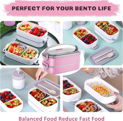 Stainless Steel Bento Box for Adults&Kids,Japanese Leakproof Lunch Box Divided Food Meal Storage Containers Set Stackable 2 Layer for Children School Picnic Beige