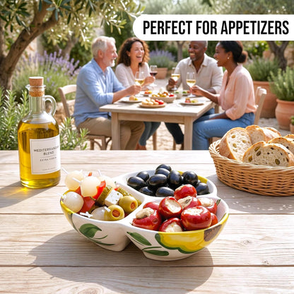 Ceramic Chip & Dip Bowl 7.5”, 3-Compartment Divided Serving Dish & Condiment Tray for Appetizers – Handmade in Spain, Lead-Free Glaze, Microwave, Oven & Dishwasher Safe