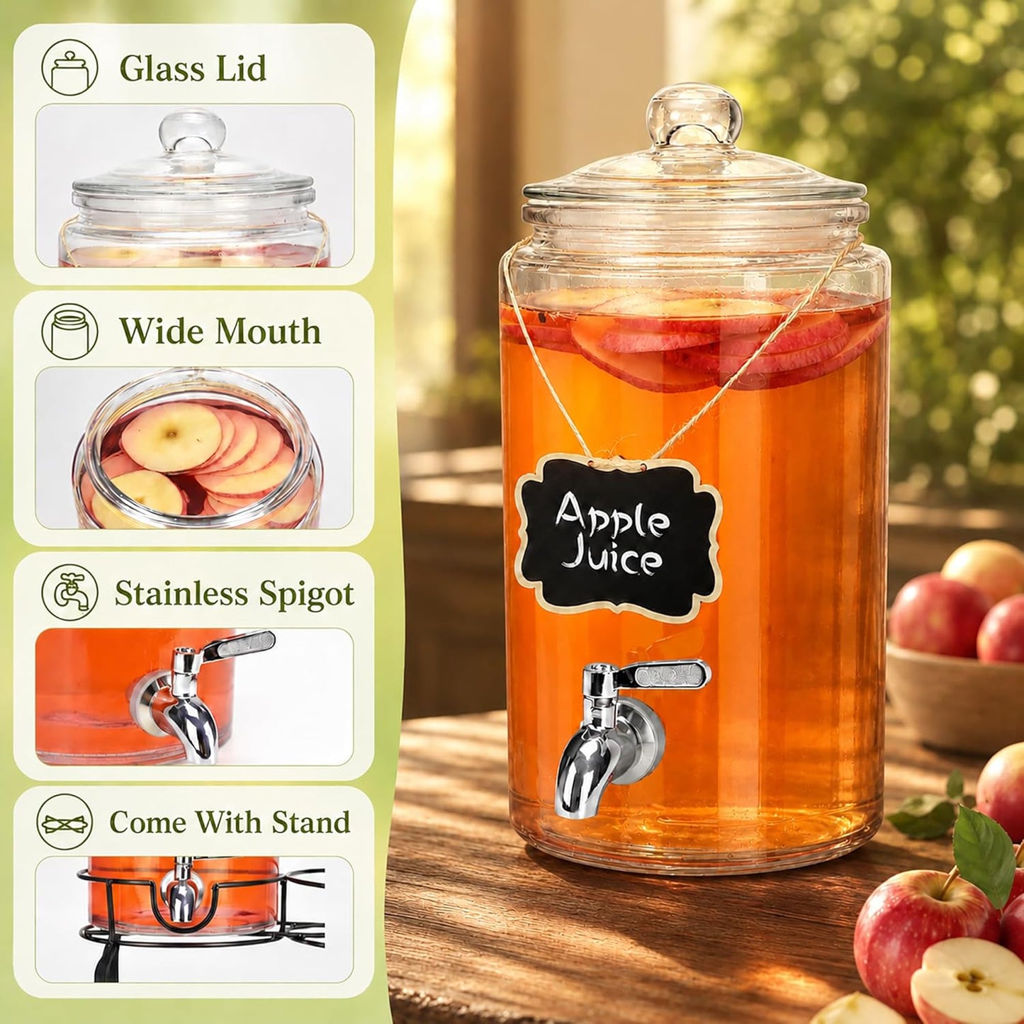 1 Gallon Beverage Dispenser 1 Pack, Stainless Steel Spigot Drink Dispenser for Parties with Stand, Clear Glass Drink Container Easy to Refill and Clean
