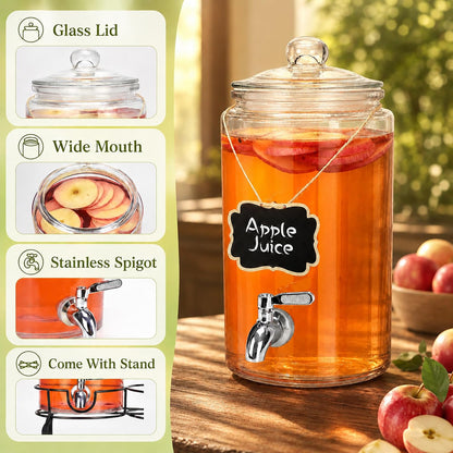 1 Gallon Beverage Dispenser 1 Pack, Stainless Steel Spigot Drink Dispenser for Parties with Stand, Clear Glass Drink Container Easy to Refill and Clean