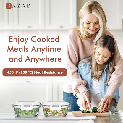 Razab 2 PC 1200ML / 41 Oz Glass Food Storage Containers with Lids - Airtight & Leakproof - Microwave/Oven/Freezer Safe - BPA Free - Ideal for Meal Prep, Storing Leftover & Lunch
