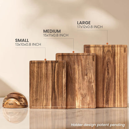 SMIRLY Walnut Cutting Board for Kitchen - Wood Cutting Boards with Handle and Juice Groove for Meal Prep, Serving, Charcuterie - Kitchen Gadgets - Non Toxic Wooden Chopping Board Set of 3 with Holder