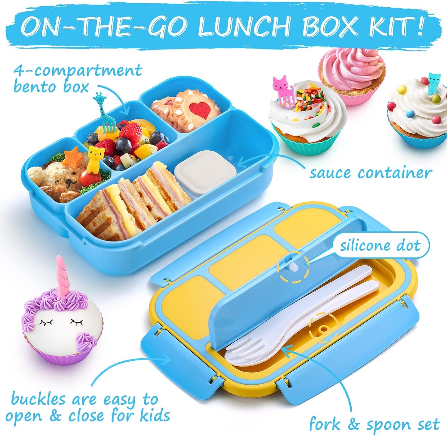 QQKO Bento Lunch Box for Kids Girls Boys, Toddler Kids Lunch Boxes for School, Lunch Containers for Adults with 4 Compartments, Sauce Container, Utensils, Food Picks and Muffin Cups, Purple