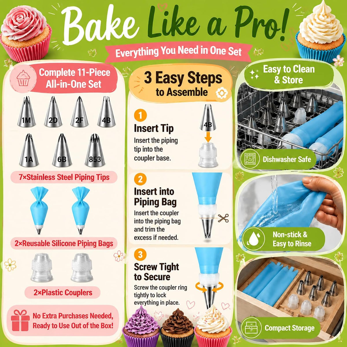 Hendiy Large Piping Tips Set, 2D 2F 1M 4B 1A 6B 853 with Reusable Bag