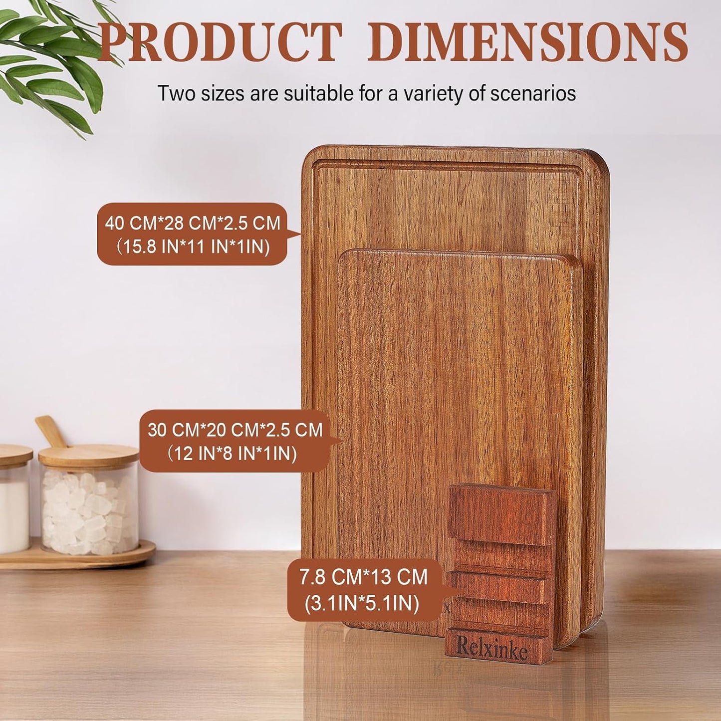 Solid Teak Wood Cutting Board Set One Piece Non Glued Large Thick Crack Resistant Wooden Chopping Board with DeepJuice Grooves Built in Handles for Kitchen Meat Bread 15x10.2IN &11.8 * 7.9IN