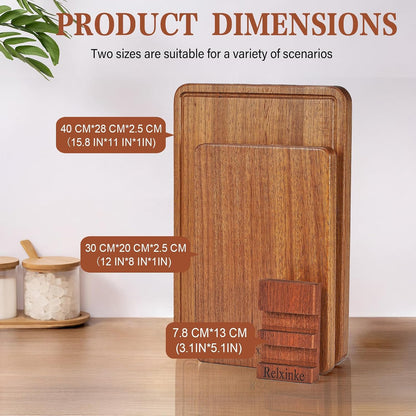 Solid Teak Wood Cutting Board Set One Piece Non Glued Large Thick Crack Resistant Wooden Chopping Board with DeepJuice Grooves Built in Handles for Kitchen Meat Bread 15x10.2IN &11.8 * 7.9IN