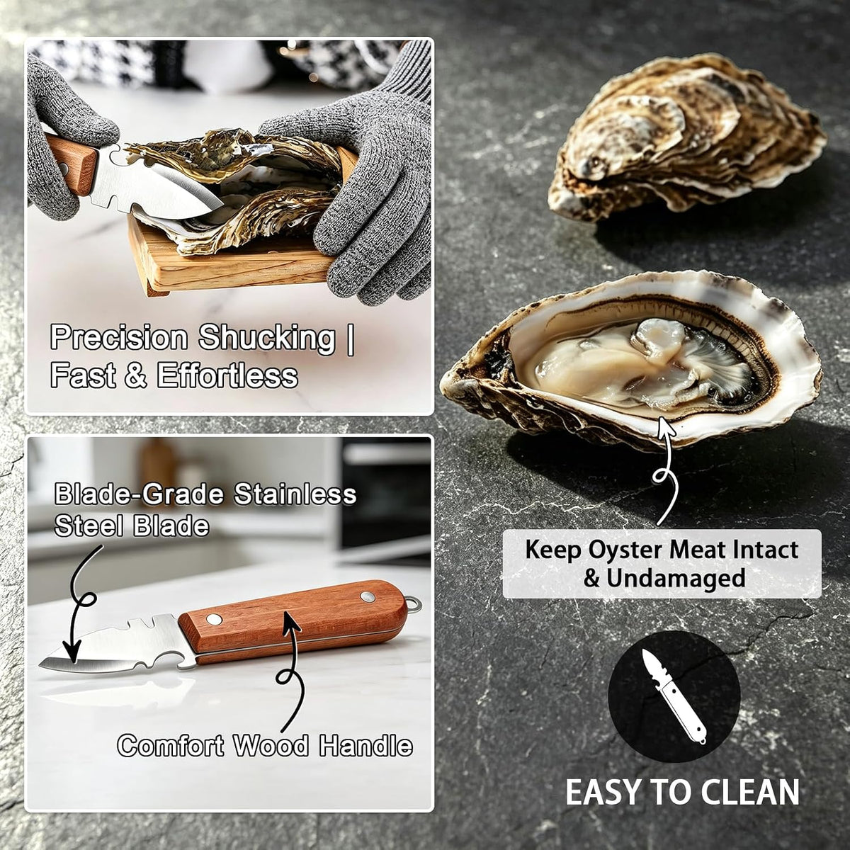 Oyster Shucking Knife Set, 3-Piece Oyster Shucker Kit with Wooden Oyster Clamp, Cut Resistant Gloves & Stainless Steel Oyster Knife, Oyster Opener Tool for Clams & Shellfish