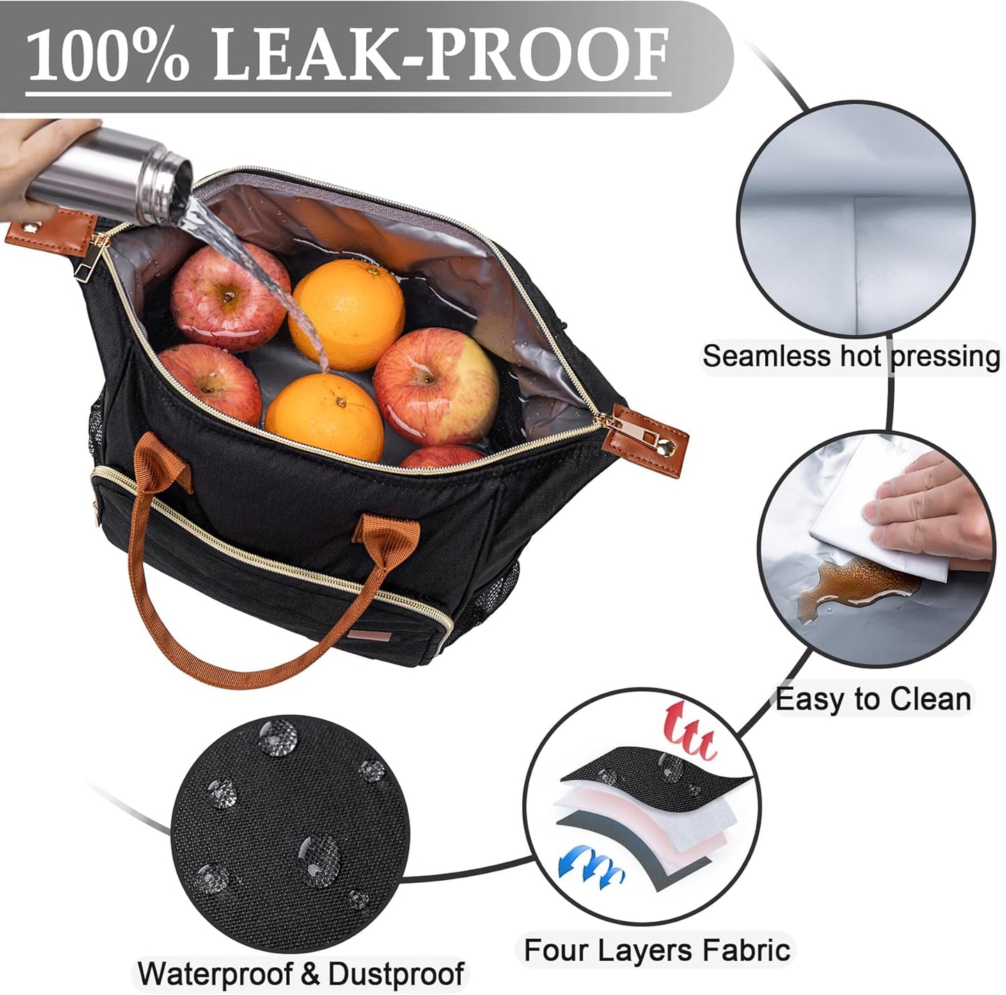 TuErCao Small Lunch Bag Lightweight Insulated Lunch Box for Women Work Portable Soft Cooler for Picnic Travel Road Trips, Loncheras para Mujer, Black