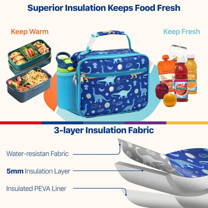 Bagseri Kids Lunch Bag Boys - Thermal Insulated Lunch Box Tote with Water Bottle Holder, Reusable Leak-Proof Kids Lunch Box for Daycare & School, Black Dinosaur (Containers Not Included)