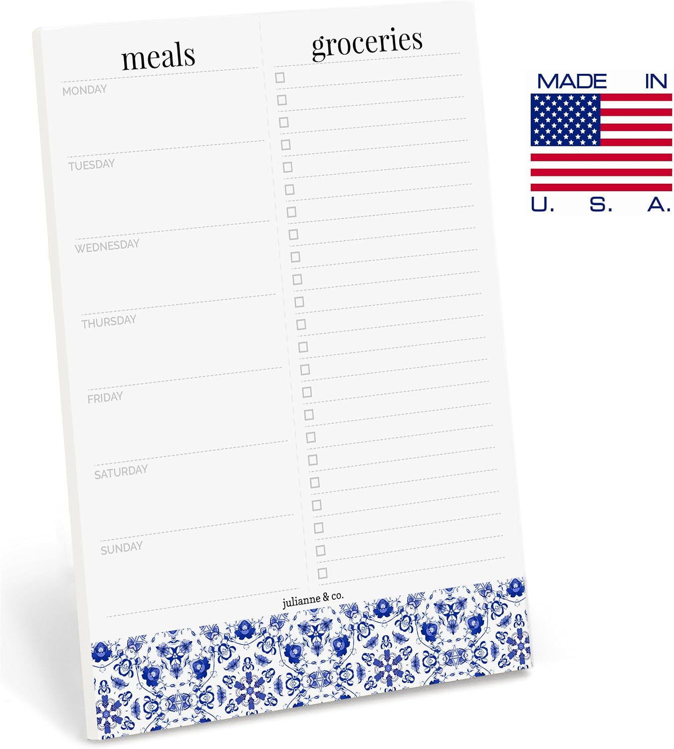 Weekly Magnetic Meal Planner Notepad By Julianne & Co - Food Planning Organizer And Grocery List Pad, 52 Premium A5 Pages, with Tear Away Perforated Shopping List (Blue China Print WITH Fridge Magnet)