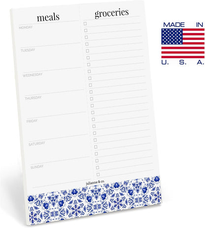 Weekly Magnetic Meal Planner Notepad By Julianne & Co - Food Planning Organizer And Grocery List Pad, 52 Premium A5 Pages, with Tear Away Perforated Shopping List (Blue China Print WITH Fridge Magnet)