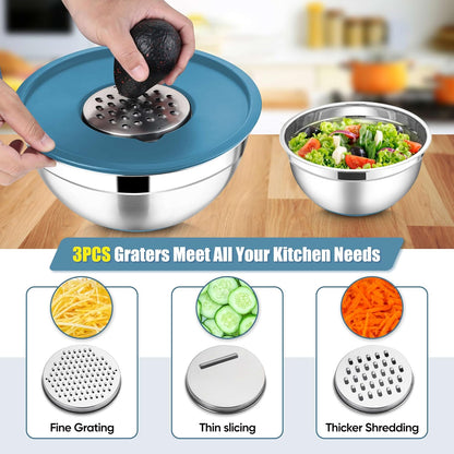 E-far Stainless Steel Mixing Bowls with Lids Set, 5-Piece Nesting Salad Bowls with 3 Grater Attachments and Non-Slip Bottoms, Size 4.6, 2.6, 2, 1.5, 1QT for Kitchen (Khaki)