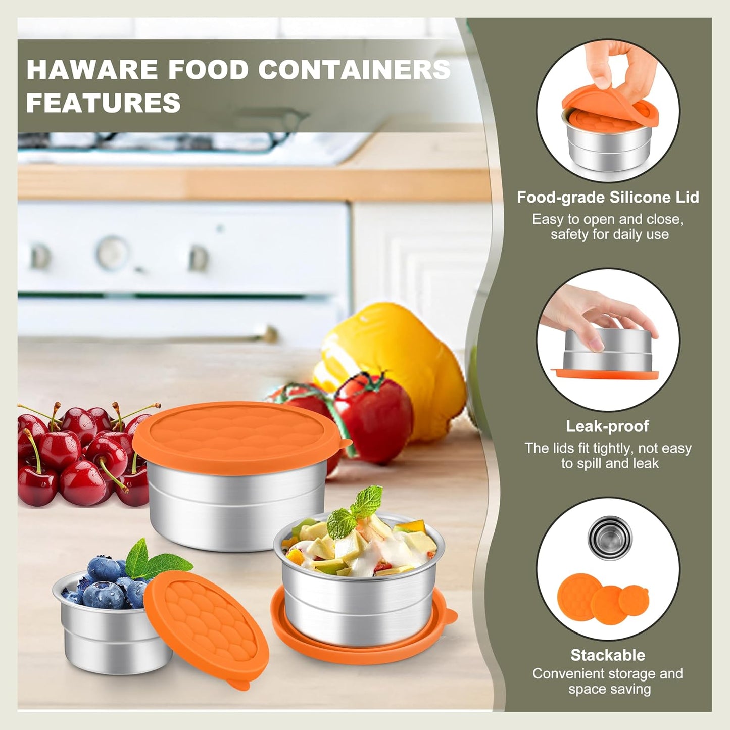 HaWare Stainless Steel Food Storage Containers with Silicone Lids, Leak-Proof Metal Snack Container, Round Lunch Box for Kids Adults, Stackable & Reusable Meal Prep Containers, Set of 3, Multicolor