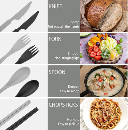 Large Plastic Reusable Utensils Set with Case, Travel Chopsticks Fork Spoon Knife Set for Lunch Box, Portable Cutlery Sets for Travel Camping Daily Use (2 Sets), Blue, Green