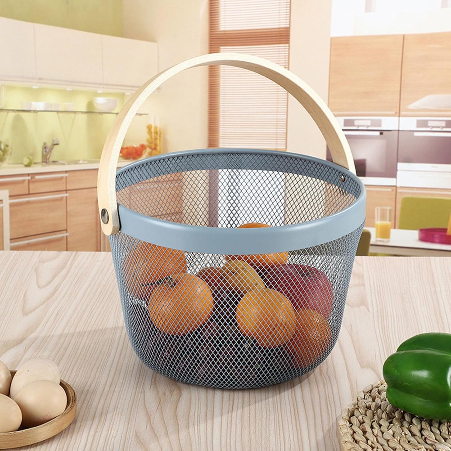 AJIODA Metal Mesh Steel Wire Basket, Round Storage Organizer Basket with Wooden Handle Multi-functional Hanging Kitchen Baskets Fruit Baskets for Kitchen Bathroom Picnic Decor Cabinet Home, White