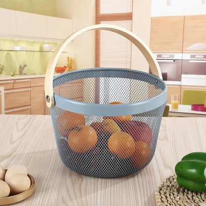 AJIODA Metal Mesh Steel Wire Basket, Round Storage Organizer Basket with Wooden Handle Multi-functional Hanging Kitchen Baskets Fruit Baskets for Kitchen Bathroom Picnic Decor Cabinet Home, White