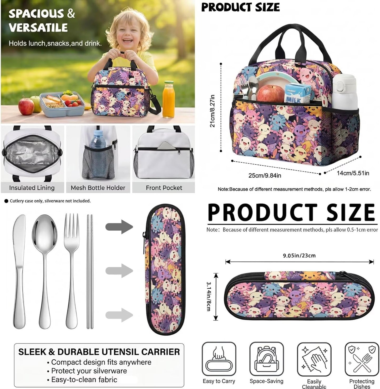 Cute Capybara Pizza Backpack for Girls, 5 Pcs Boys School Bag Set for Kids, 17 Inch Backpacks Lunch Pencil Box Reusable Utensils Case Set for Middle Elementary School, 3rd Grade Backpack