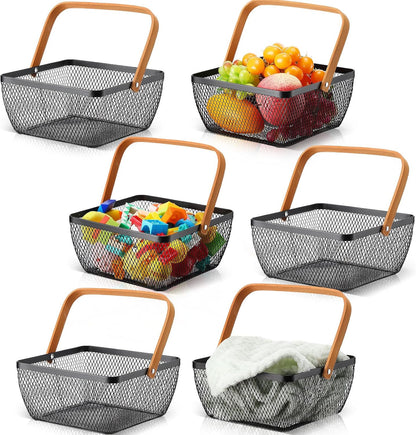 6 Pcs Metal Mesh Steel Basket with Handle Small Shopping Baskets Square Wire Harvest Storage for Kitchen Storage Garden Picnic Bathroom Organizing, 8.46 x 8.46 x 4.13 Inch(Black)
