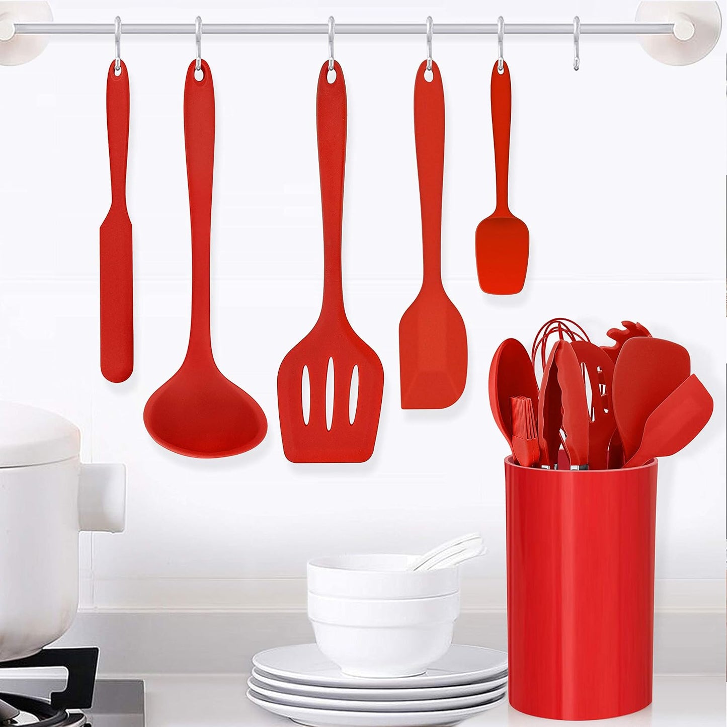 LIANYU 14 Pcs Silicone Kitchen Utensils Set with Holder, 446°F Heat Resistant Silicone Cooking Kitchen Utensils Spatula Set, Non-Stick & Dishwasher Safe Cooking Tools, Comfort Grip Handle, Black