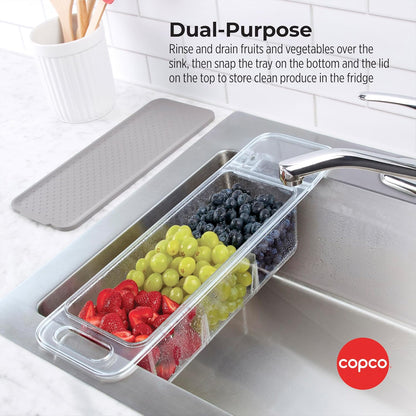 Copco Over the Sink Colander Fridge Storage Bin with Lid - Refrigerator Organizer for Fruits Vegetables Produce - Clear Design with Built-In Handles, Removable Drain Cover
