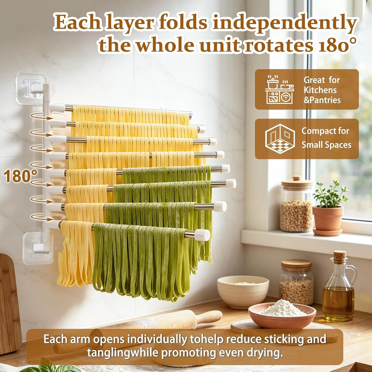 8-Tier Foldable Wall Mounted Noodle Dryer Stand, 180° Swivel