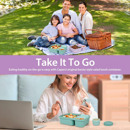 Caperci 2 Pack Salad Container for Lunch - 62 oz Large Bento Lunch Box for Adults, 2-Compartment Meal Prep Container with Removable Toppings Tray, Sauce Cup, Reusable Fork, BPA-Free (Purple & Green)