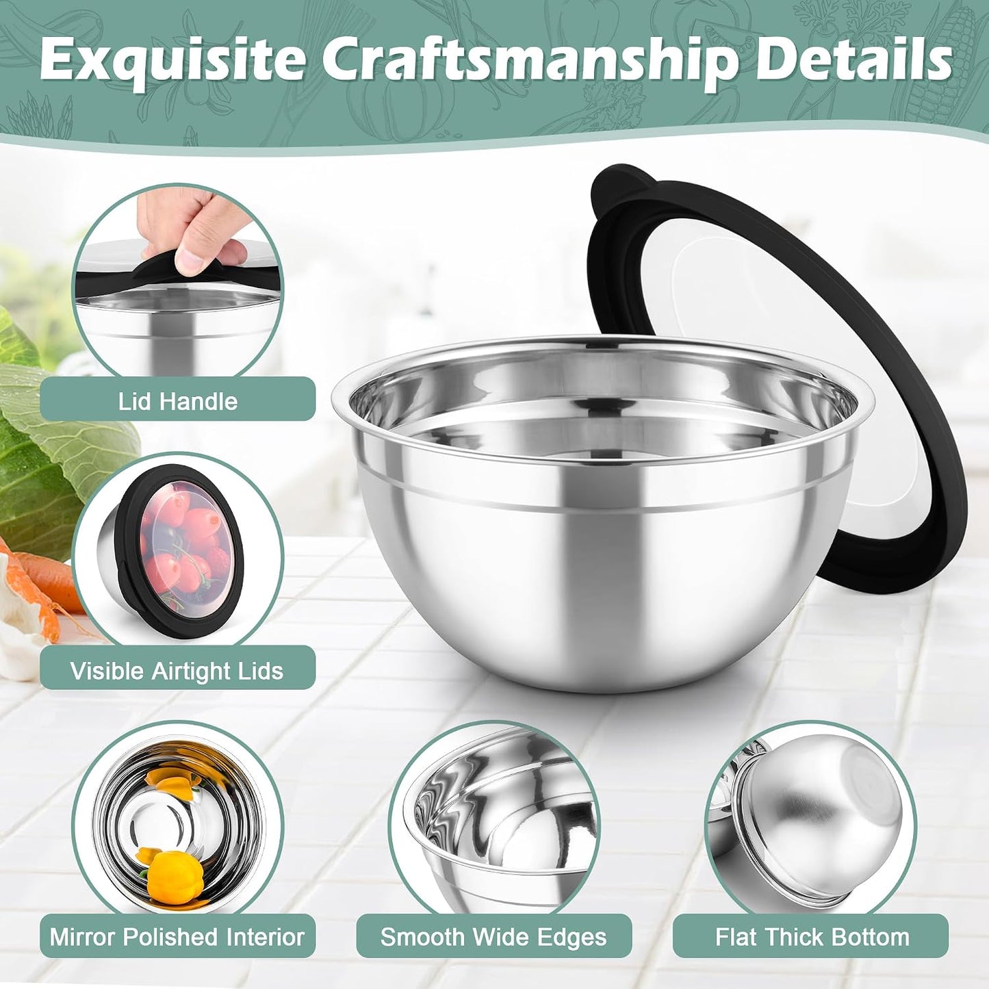 TeamFar Mixing Bowls, Stainless Steel Nesting Salad Bowls with Lids Set of 3 & 3 Grater Attachments, For Mixing/Serving/Storing, Non-toxic & Long-lasting, Size 4.6/3 / 1.5 QT, Black