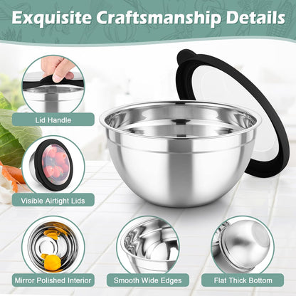 TeamFar Mixing Bowls, Stainless Steel Nesting Salad Bowls with Lids Set of 3 & 3 Grater Attachments, For Mixing/Serving/Storing, Non-toxic & Long-lasting, Size 4.6/3 / 1.5 QT, Black