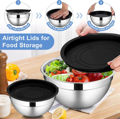 LIANYU Stainless Steel Mixing Bowls Sets of 6, Large 7, 3.5, 2.5, 2, 1.5, 1QT Size with Transparent Airtight Lids, Metal Nesting Serving Bowl Sets for Home Kitchen, Dishwasher & Freezer Safe, Black