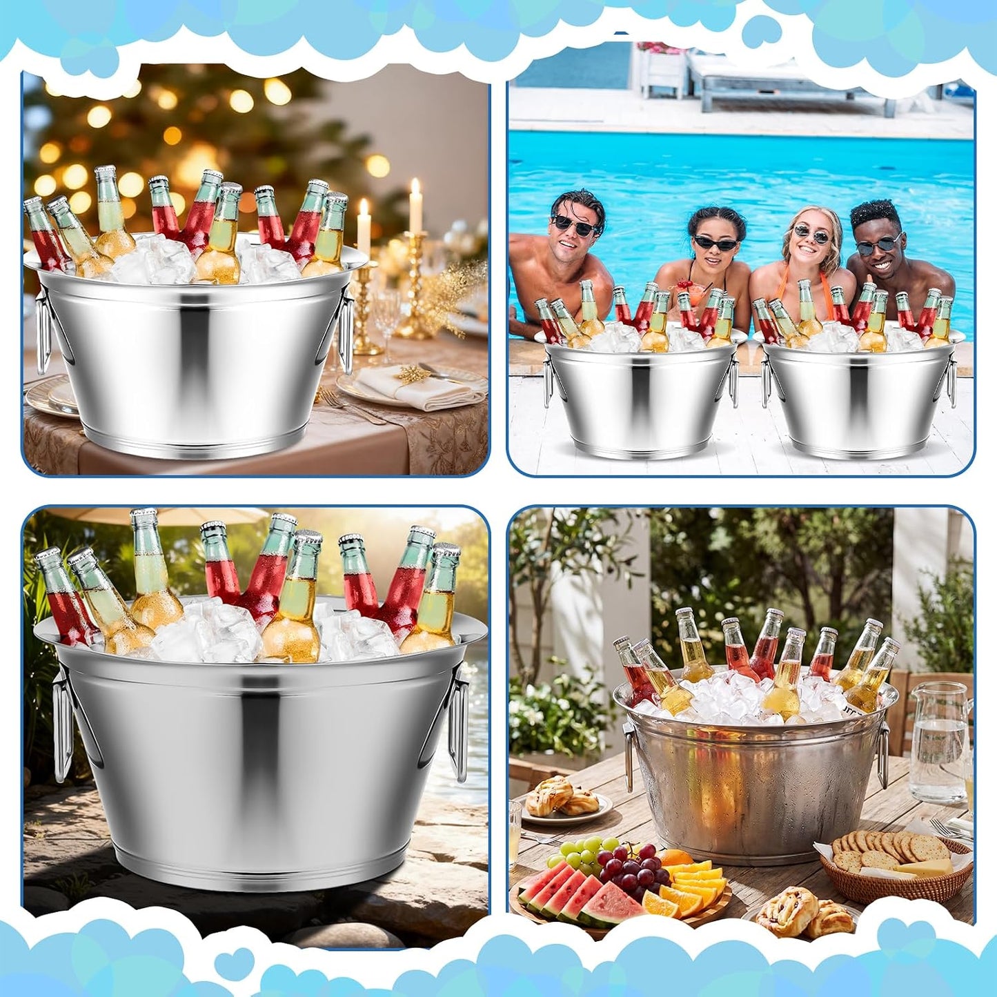 Maxdot Stainless Steel Beverage Tub Large Champagne Buckets 20-Quart 5-Gallon Insulated Ice Bucket for Parties with Double Hinged Handles Heavy Duty Drink Cooler Tub Wine Beer Chiller for Parties