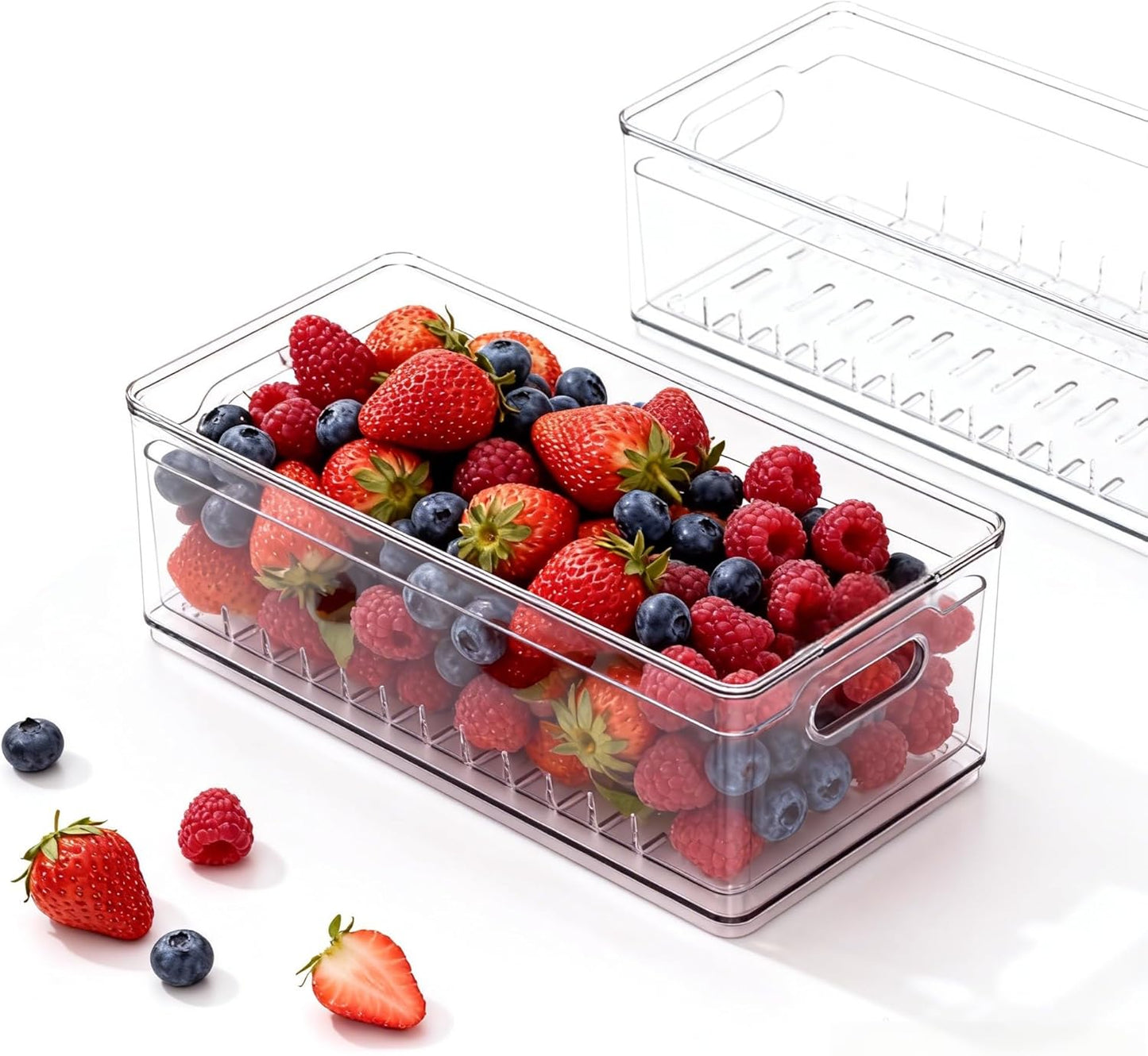 2 Pack Fruit Storage Containers for Fridge with Lid & Drain Basket | 3-in-1 Wash-Drain-Store – BPA-free clear containers keep berries/strawberries fresh, ready-to-eat in fridge.