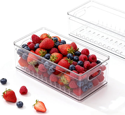 2 Pack Fruit Storage Containers for Fridge with Lid & Drain Basket | 3-in-1 Wash-Drain-Store – BPA-free clear containers keep berries/strawberries fresh, ready-to-eat in fridge.