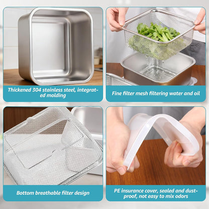 Stainless Steel Colander Set, Square Strainer with Lid for Draining Vegetable Washing Rice, 2 in 1 Strainer Bowl & Food Storage Container Food Preparation Box Bowl (1500ml)