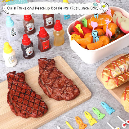 130 Pcs Bento Box Accessories for Kid Including 8 Pcs Plastic Portable Mini Ketchup Bottles 2 Pcs Bear Shaped Condiment Squeeze Bottle 120 Pcs Animal Food Picks for Salad Dressing Soy Sauce