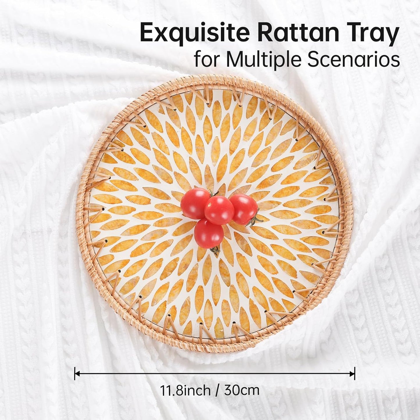 Round Rattan Tray with Mother of Pearl Inlay, Rattan Serving Tray for Coffee, Bread, Fruits, Decorative Wicker Tray for Table Decor, Home Decor, Kitchen Island Decor(Black Checkerboard, 11.8")