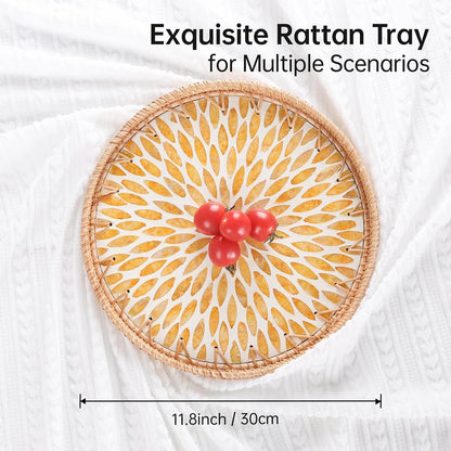 Round Rattan Tray with Mother of Pearl Inlay, Rattan Serving Tray for Coffee, Bread, Fruits, Decorative Wicker Tray for Table Decor, Home Decor, Kitchen Island Decor(Black Checkerboard, 11.8")