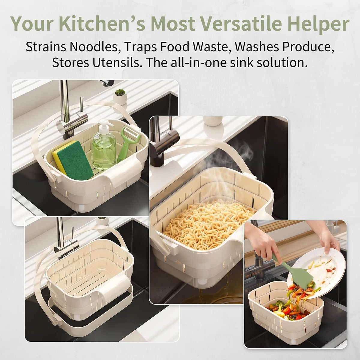 Foldable Kitchen Sink Strainer, Removable Residue Filter, No-Drill Hanging Drain Rack Food Catcher, Stretchable Kitchen Colander with Flip Cover