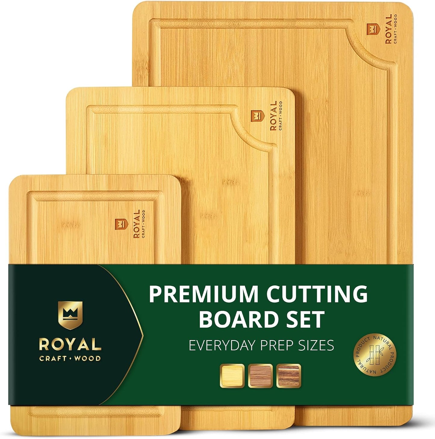 ROYAL CRAFT WOOD Wooden Cutting Boards for Kitchen Meal Prep & Serving - Bamboo Wood Serving Board Set with Deep Juice Groove Side Handles - Charcuterie & Chopping Butcher Block for Meat