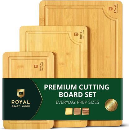 ROYAL CRAFT WOOD Wooden Cutting Boards for Kitchen Meal Prep & Serving - Bamboo Wood Serving Board Set with Deep Juice Groove Side Handles - Charcuterie & Chopping Butcher Block for Meat