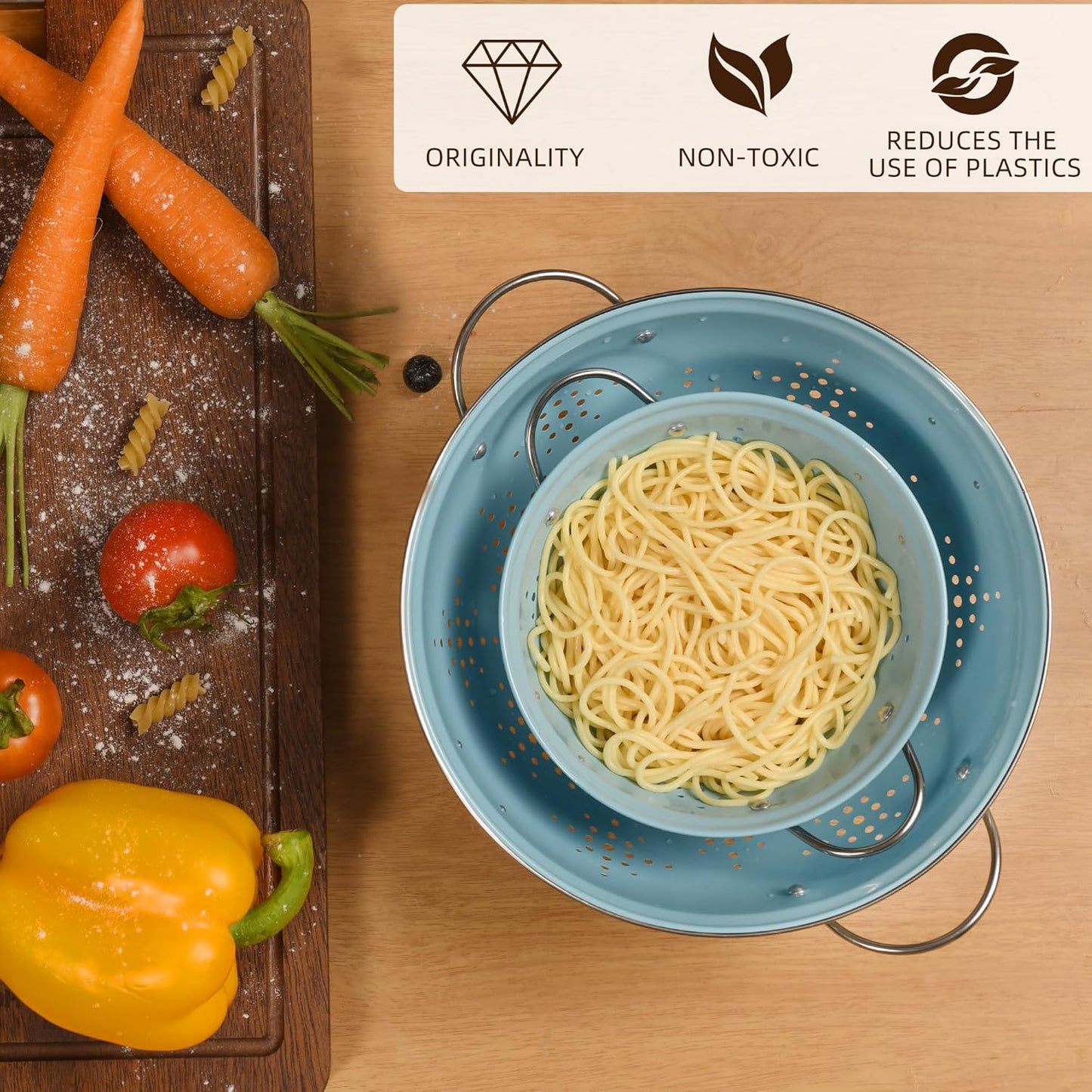 Metal Colander 2 Pack, Strainer Bowel with Handles 2Qt & 6Qt Powder Coated Solid Ring Base Heavey Duty Kitchen Drainer Basket for Pasta Veggies and Fruits,New Home Apartment Essentials (Almond Cream)