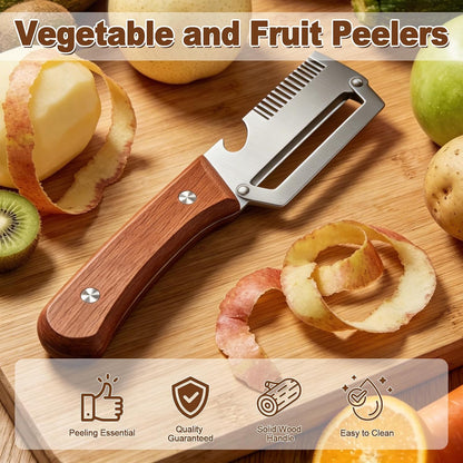 Multifunctional Vegetable Peeler for Kitchen, 3-in-1 Stainless Steel Potato Carrot Peeler with Bottle Opener, Zero Snag Wooden Peeler for Fruits & Veggies (2 PCS)