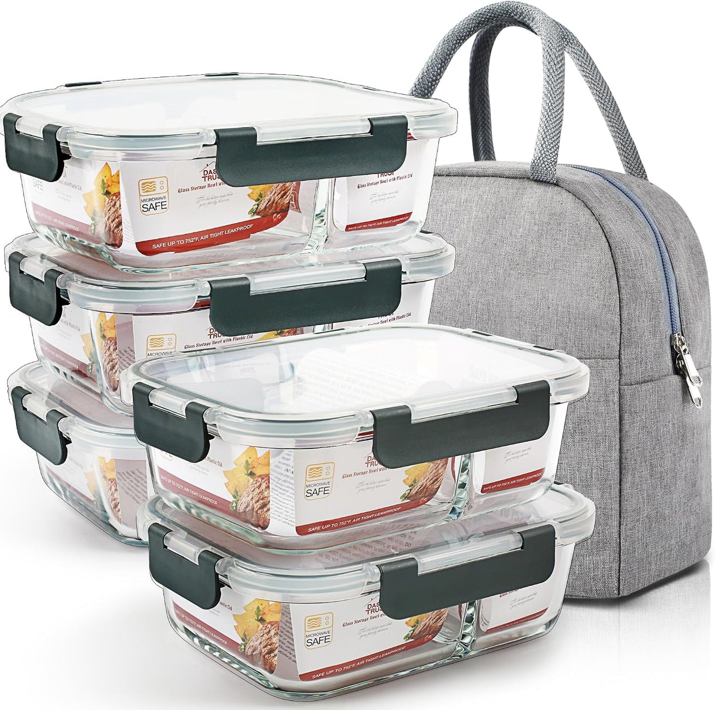 DAS TRUST 5 Pack 36oz Bento Box Glass Meal Prep Containers 3 Compartments Glass Food Storage Containers with Lids Meal Prep Bowls Lunch Box Glass Food Prep Containers Lunch Container for Oven